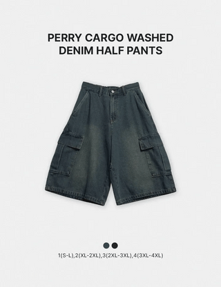 Perry 3 4 Length Bermuda Cargo Washed Denim Back Elastic Waist Wide Half Pants Unisex Denim Shorts