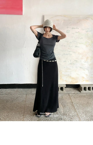 Tension Flare A-Line Elastic Waist Maxi Long Skirt Spandex Skirt