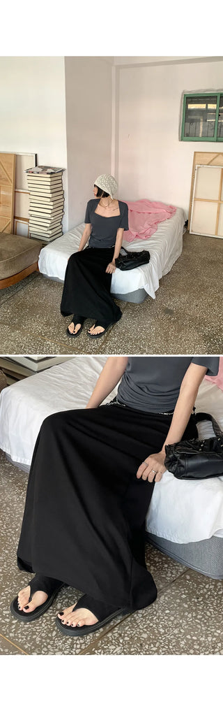 Tension Flare A-Line Elastic Waist Maxi Long Skirt Spandex Skirt