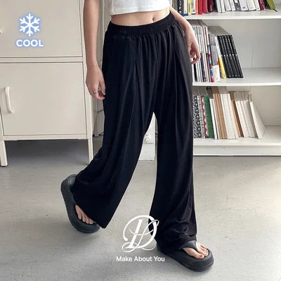 Ice Cooling Contact Cooling Wide Mouth-Tuck Elastic Waist Slacks Pants Refrigerator Pants