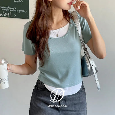 Your Color Block Layered U-Neck Rounded Hem Rayon Short Sleeve T-Shirt