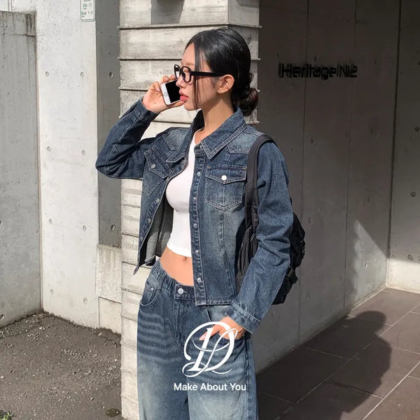 Sie Two-Pocket Vintage Washed Denim Shirt Shirt Jacket Shacket