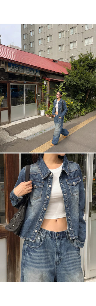 Sie Two-Pocket Vintage Washed Denim Shirt Shirt Jacket Shacket