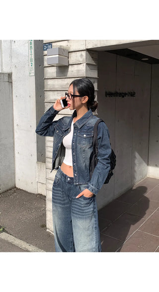 Sie Two-Pocket Vintage Washed Denim Shirt Shirt Jacket Shacket