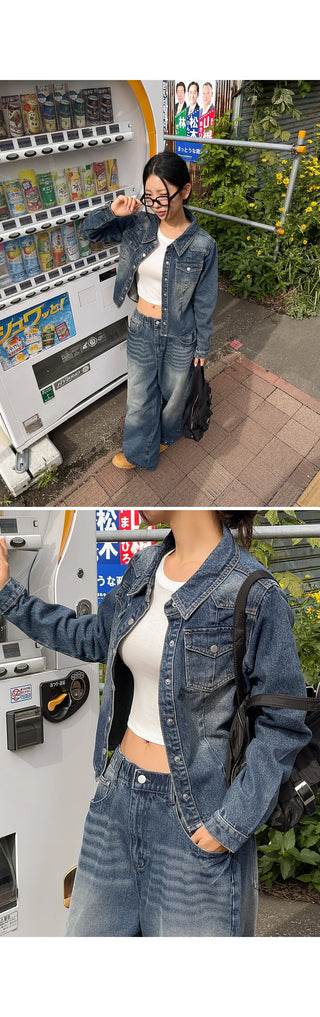 Sie Two-Pocket Vintage Washed Denim Shirt Shirt Jacket Shacket