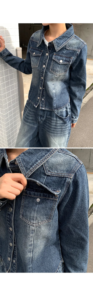 Sie Two-Pocket Vintage Washed Denim Shirt Shirt Jacket Shacket