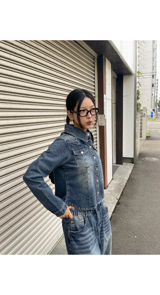 Sie Two-Pocket Vintage Washed Denim Shirt Shirt Jacket Shacket