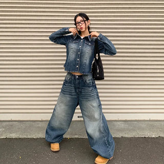 Sie Two-Pocket Vintage Washed Denim Shirt Shirt Jacket Shacket