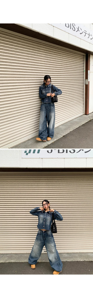 Sie Two-Pocket Vintage Washed Denim Shirt Shirt Jacket Shacket