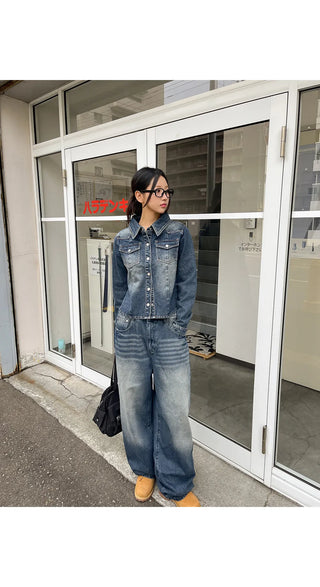 Sie Two-Pocket Vintage Washed Denim Shirt Shirt Jacket Shacket