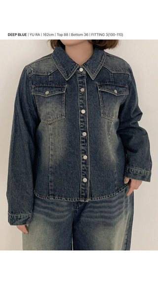 Sie Two-Pocket Vintage Washed Denim Shirt Shirt Jacket Shacket