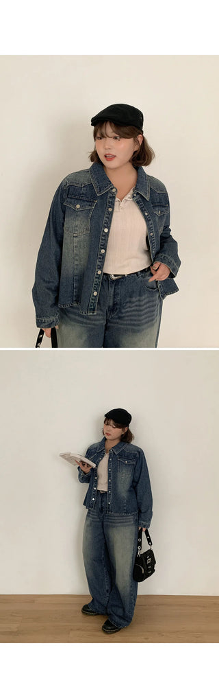 Sie Two-Pocket Vintage Washed Denim Shirt Shirt Jacket Shacket