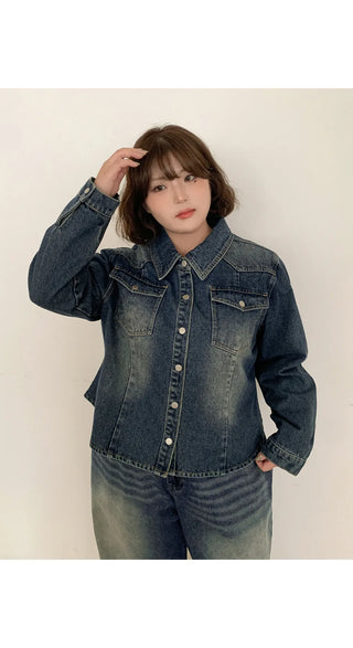 Sie Two-Pocket Vintage Washed Denim Shirt Shirt Jacket Shacket