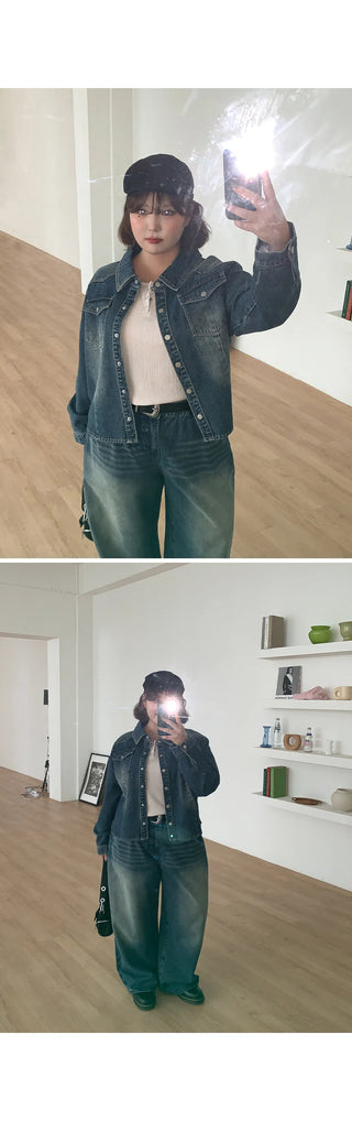 Sie Two-Pocket Vintage Washed Denim Shirt Shirt Jacket Shacket