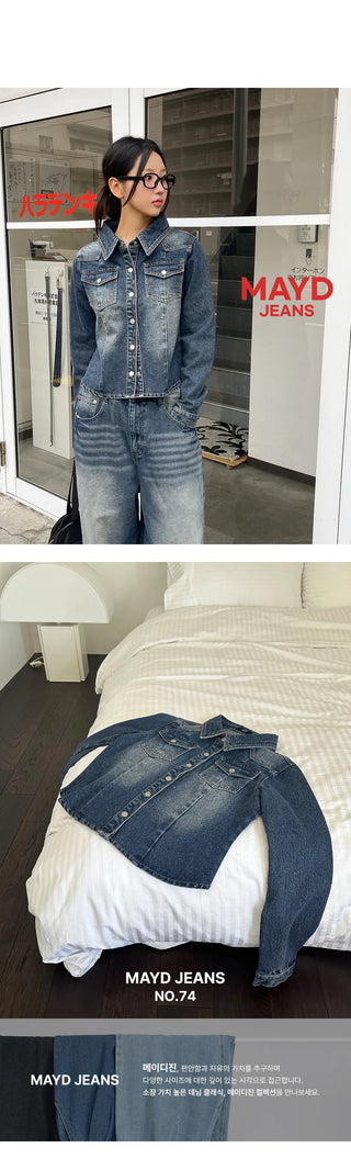 Sie Two-Pocket Vintage Washed Denim Shirt Shirt Jacket Shacket