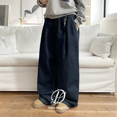 All-Elastic Waist Non-Faded Denim Two-Way String Mega Wide Pants Jeans