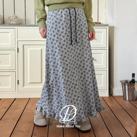 Hio Vintage Flower Waffle A-Line Frill Maxi Long Elastic Skirt