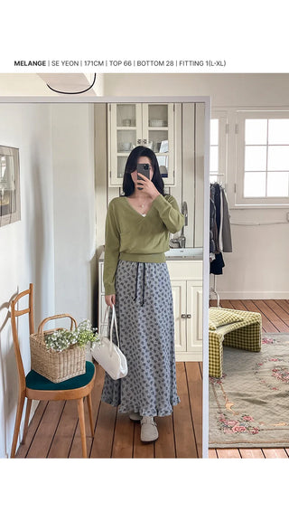 Hio Vintage Flower Waffle A-Line Frill Maxi Long Elastic Skirt
