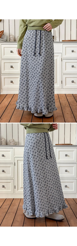 Hio Vintage Flower Waffle A-Line Frill Maxi Long Elastic Skirt