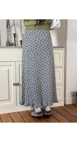 Hio Vintage Flower Waffle A-Line Frill Maxi Long Elastic Skirt