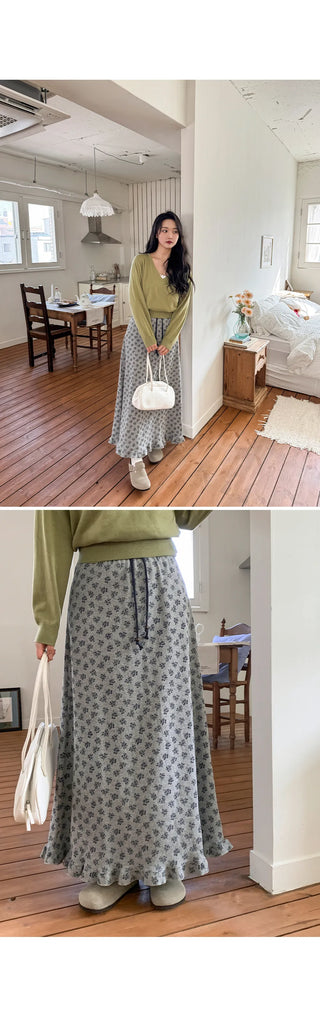 Hio Vintage Flower Waffle A-Line Frill Maxi Long Elastic Skirt