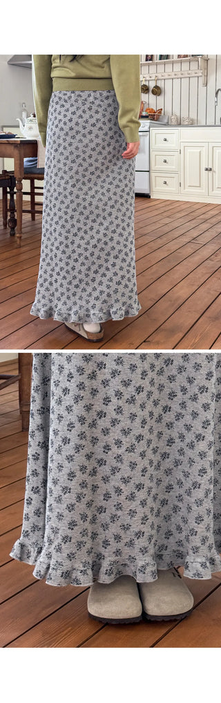 Hio Vintage Flower Waffle A-Line Frill Maxi Long Elastic Skirt