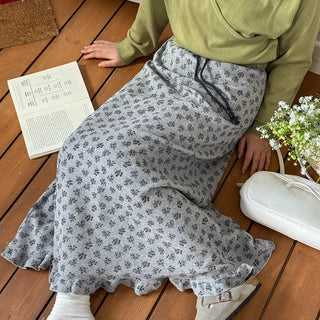 Hio Vintage Flower Waffle A-Line Frill Maxi Long Elastic Skirt