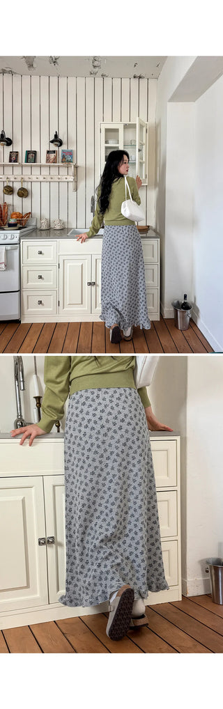 Hio Vintage Flower Waffle A-Line Frill Maxi Long Elastic Skirt