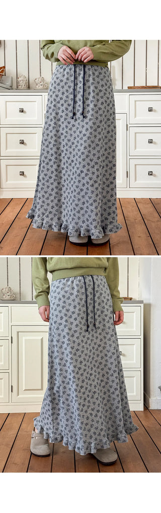 Hio Vintage Flower Waffle A-Line Frill Maxi Long Elastic Skirt