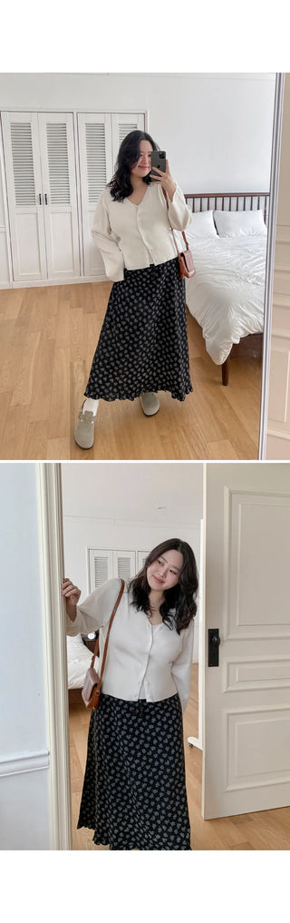Hio Vintage Flower Waffle A-Line Frill Maxi Long Elastic Skirt