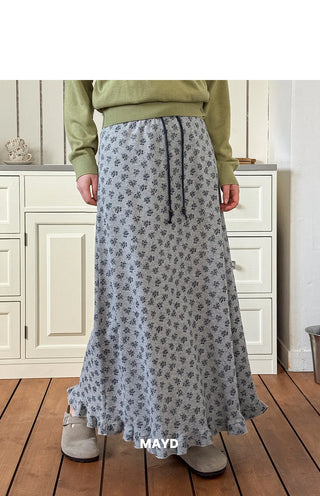 Hio Vintage Flower Waffle A-Line Frill Maxi Long Elastic Skirt