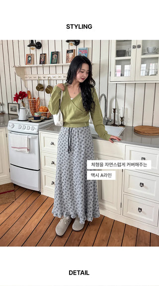 Hio Vintage Flower Waffle A-Line Frill Maxi Long Elastic Skirt