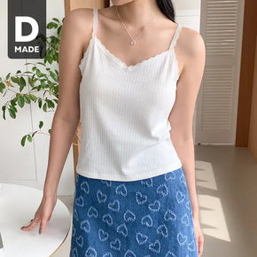 Melling Lace V-Neck Ribbed Semi-Crop Strap Sleeveless
