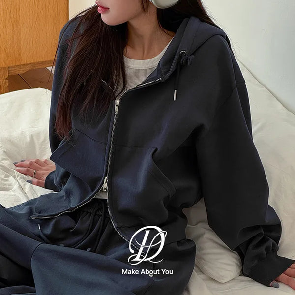 Maen Special Double-Sided Semi-Crop Two-Way Lettering Embroidered Training Zip-Up Hoodie
