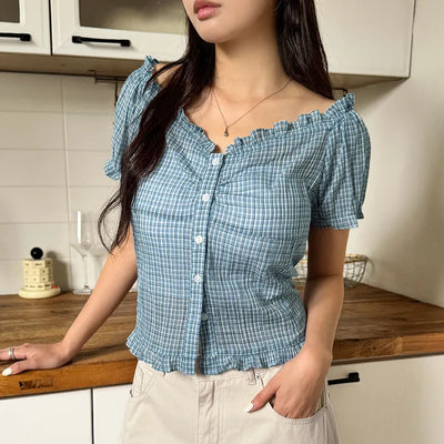 Conive Check Cotton Frill Off-Shoulder Short Sleeve Blouse