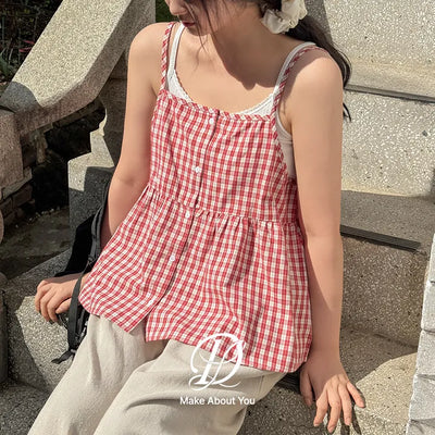 Beige Check Cotton Semi-Crop Bustier Layered Strap Sleeveless