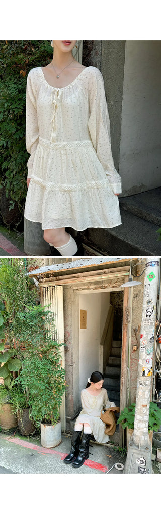 Murine Flower Small Floral Lace Tiered Ribbon Strap Mini Dress