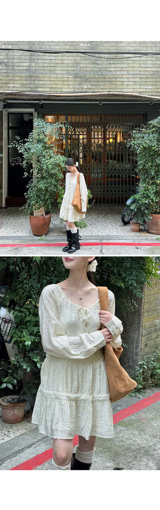Murine Flower Small Floral Lace Tiered Ribbon Strap Mini Dress