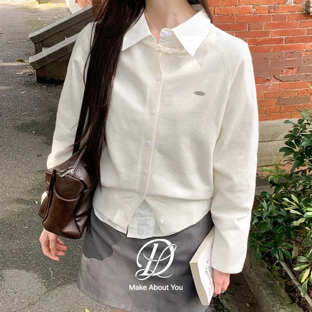 Roarin Color Pendant Semi-Crop Raglan Round Long Sleeve Knit Cardigan