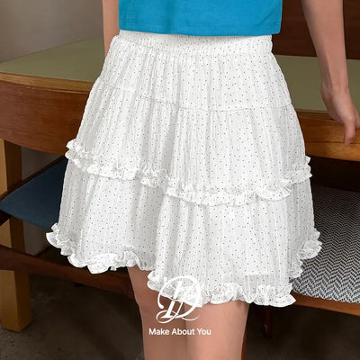 Hishu Wrinkle Dot A-Line Tiered Frill Elastic Waist Mini Skirt
