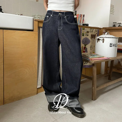 Dera Non-Fade Roll-Up Denim Back Elastic Wide Pants Jeans
