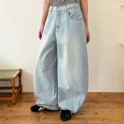 Psel Light Blue Balloon Curved Back Elastic Washed Wide Denim Pants Jeans
