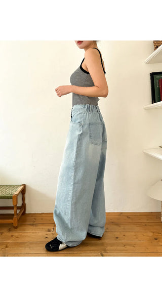 Psel Light Blue Balloon Curved Back Elastic Washed Wide Denim Pants Jeans