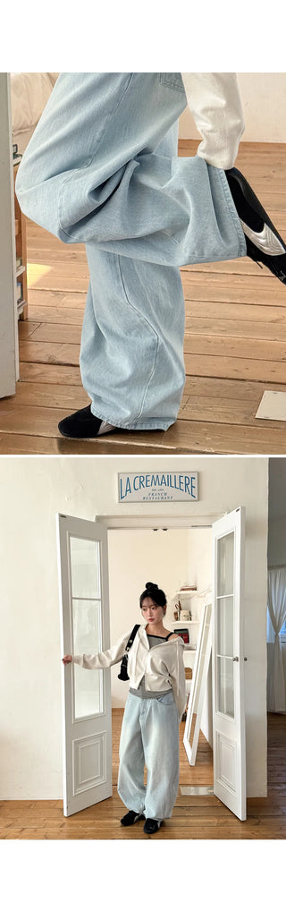 Psel Light Blue Balloon Curved Back Elastic Washed Wide Denim Pants Jeans