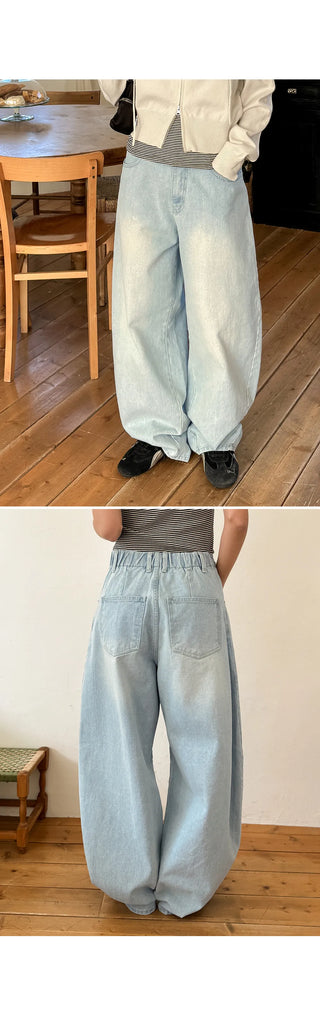 Psel Light Blue Balloon Curved Back Elastic Washed Wide Denim Pants Jeans