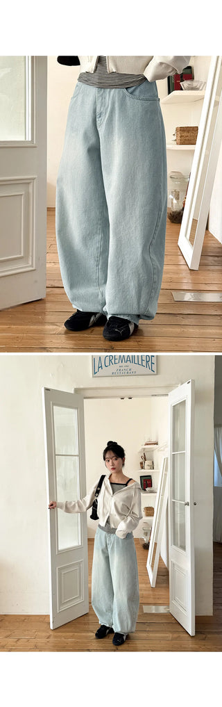 Psel Light Blue Balloon Curved Back Elastic Washed Wide Denim Pants Jeans