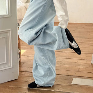 Psel Light Blue Balloon Curved Back Elastic Washed Wide Denim Pants Jeans