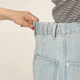 Psel Light Blue Balloon Curved Back Elastic Washed Wide Denim Pants Jeans