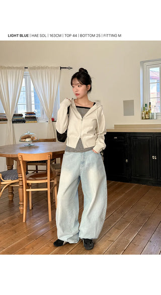 Psel Light Blue Balloon Curved Back Elastic Washed Wide Denim Pants Jeans