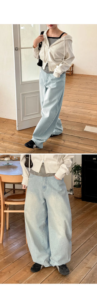 Psel Light Blue Balloon Curved Back Elastic Washed Wide Denim Pants Jeans